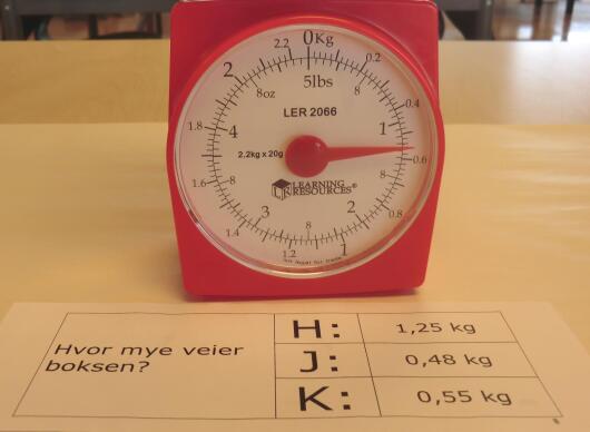 En skolevekt med en oppgave under.